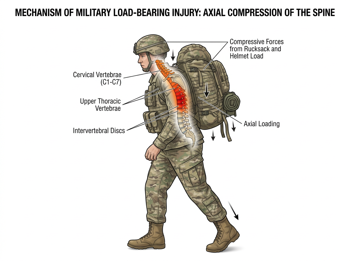 Anatomical illustration of a soldier under a loaded rucksack and body armor with the cervical and upper thoracic spine under compressive load