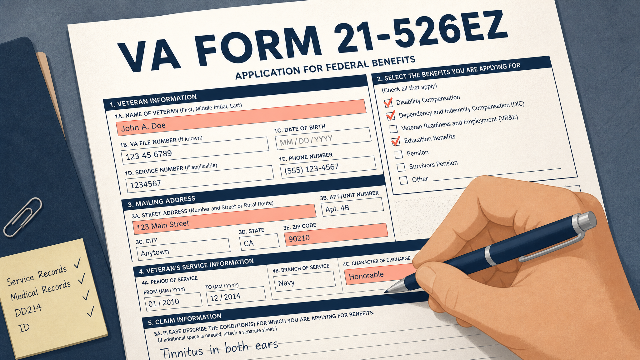 Editorial illustration of a VA claim form being filled in field by field with a pen, checkboxes ticked - the act of completing the application