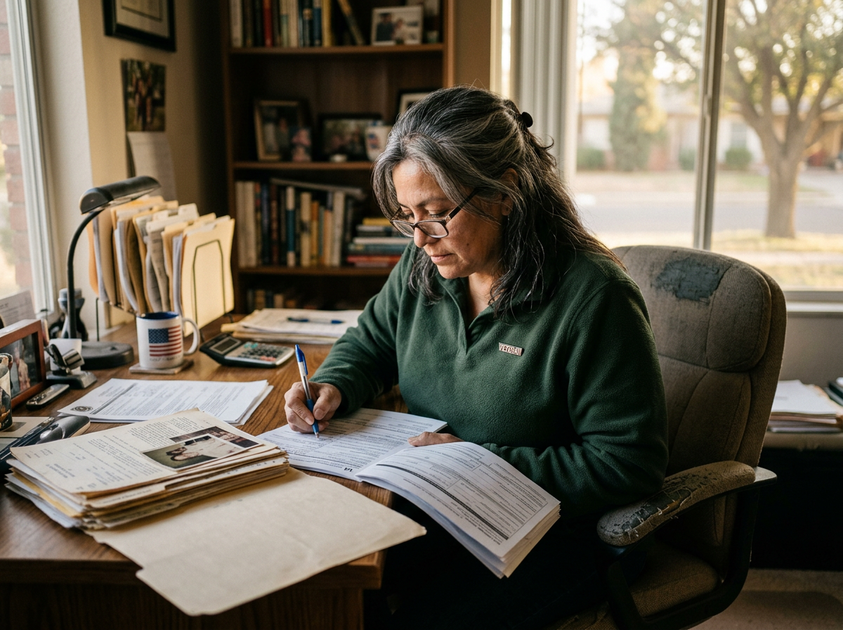 Veteran filling out a VA disability claim application at her home desk with her records folder open