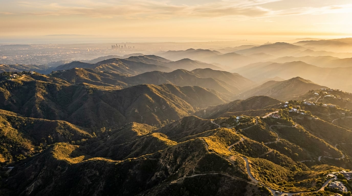 The layered ridgelines of the Los Angeles hills at golden hour