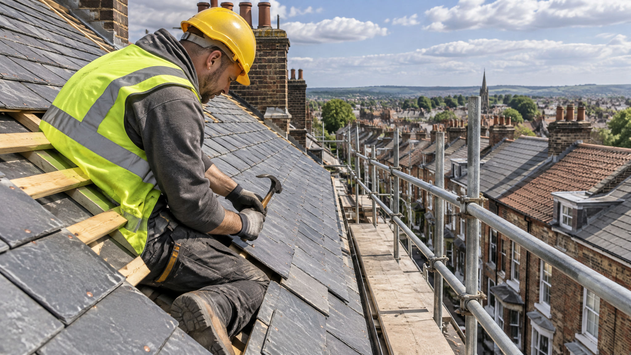 Roofer working on a slate roof above Sussex rooftops