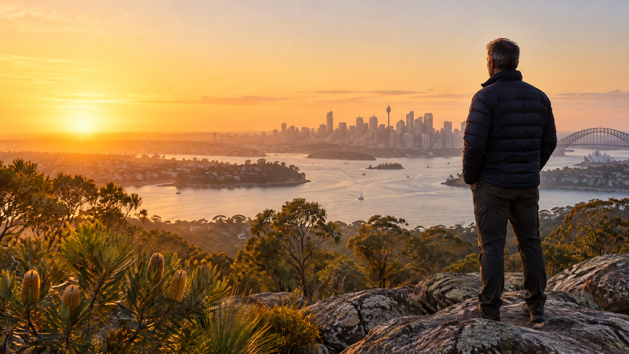 A man standing on a bush lookout watching the sun rise over Sydney Harbour