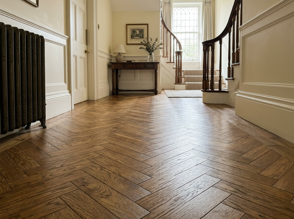 Restored herringbone parquet floor in a British home