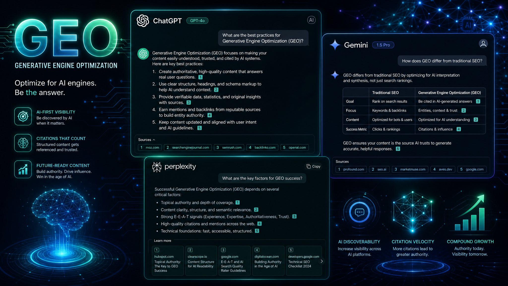 Generative Engine Optimisation showing AI chatbot interfaces citing authoritative sources