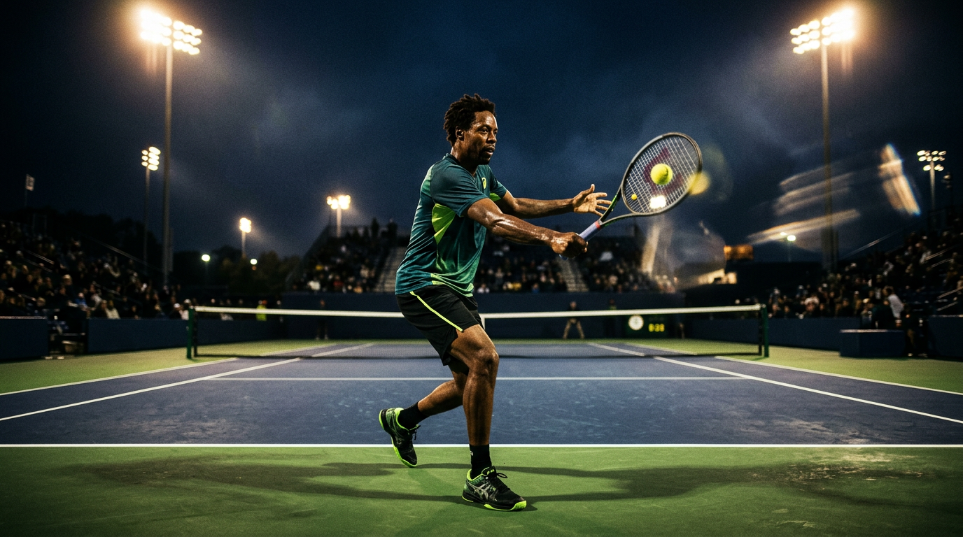Tennis player preparing a powerful serve on court