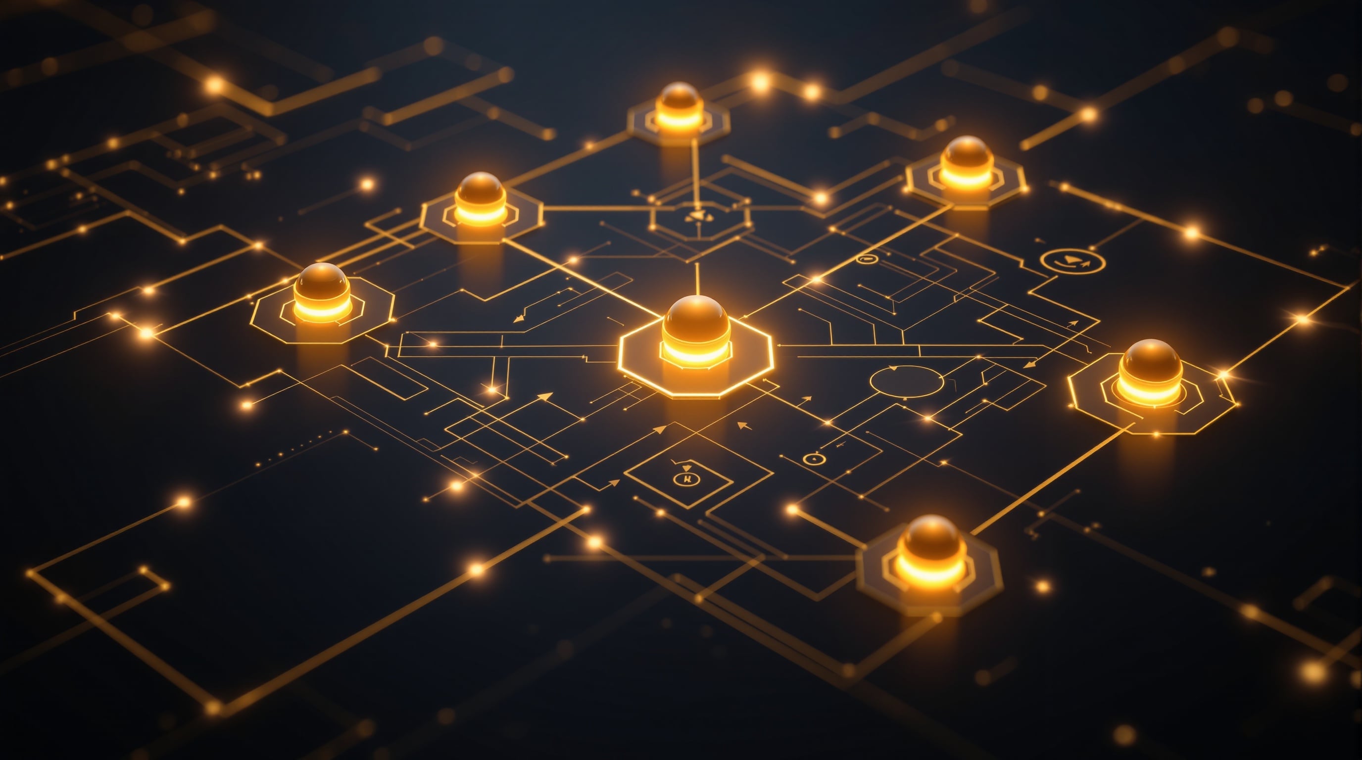 Zentrales goldenes Architektur-Blueprint mit orchestrierten Agenten-Nodes und feinen Rückkopplungs-Loops auf tiefem Navy-Hintergrund – symbolisiert Systemführung statt Toolgeklicke