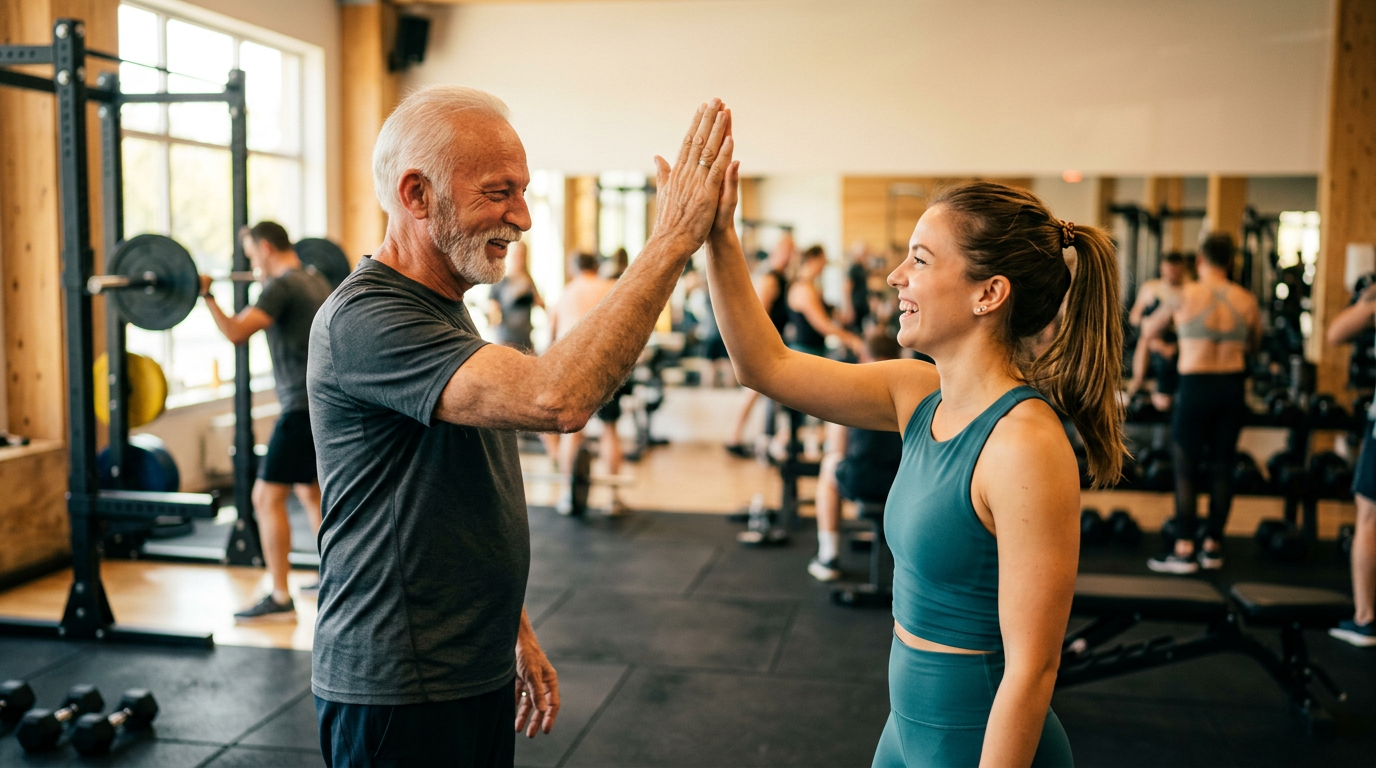 Older and younger gym members high-fiving
