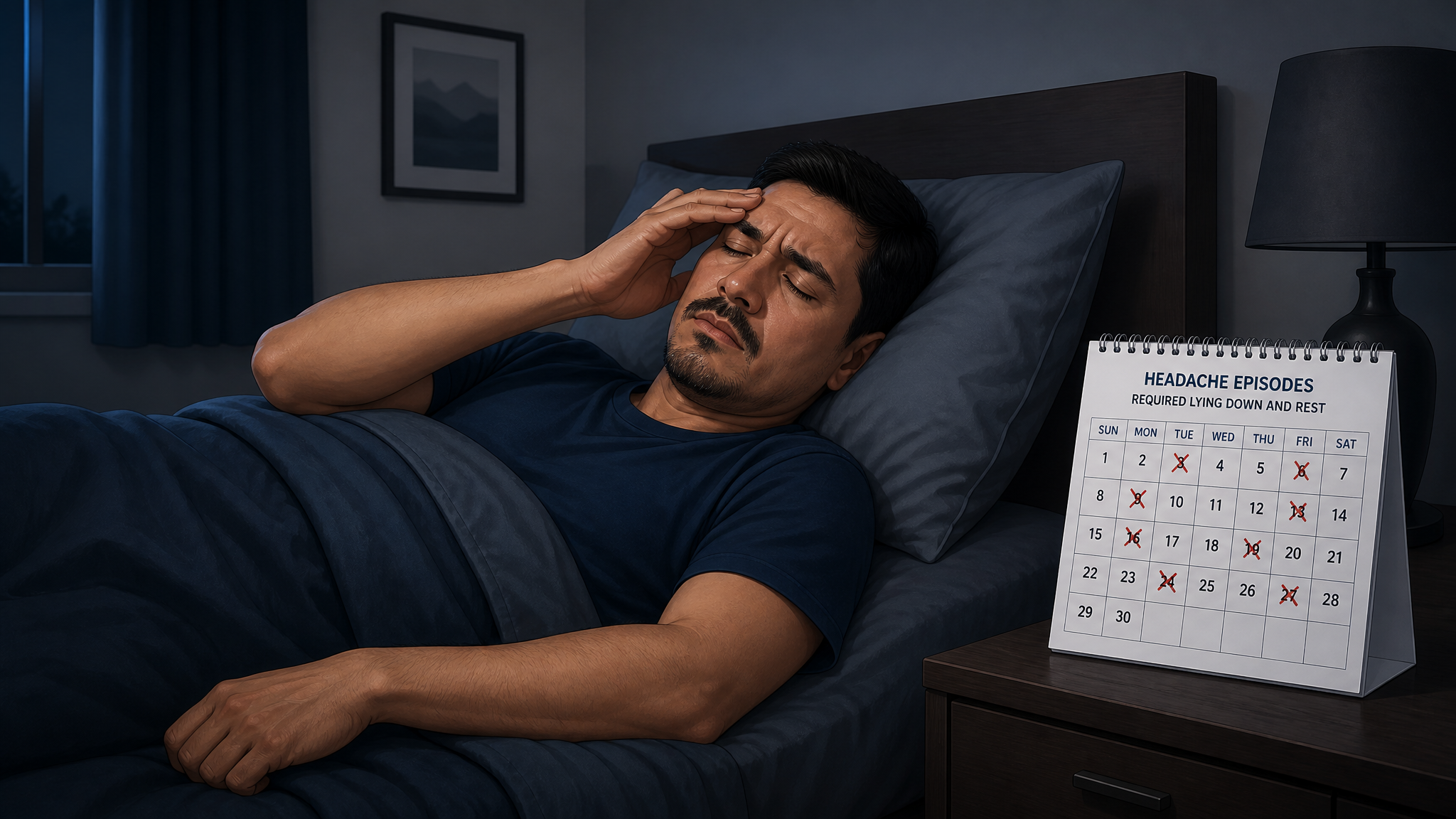 Illustration of a man lying down in a darkened room beside a calendar marked with attack dates