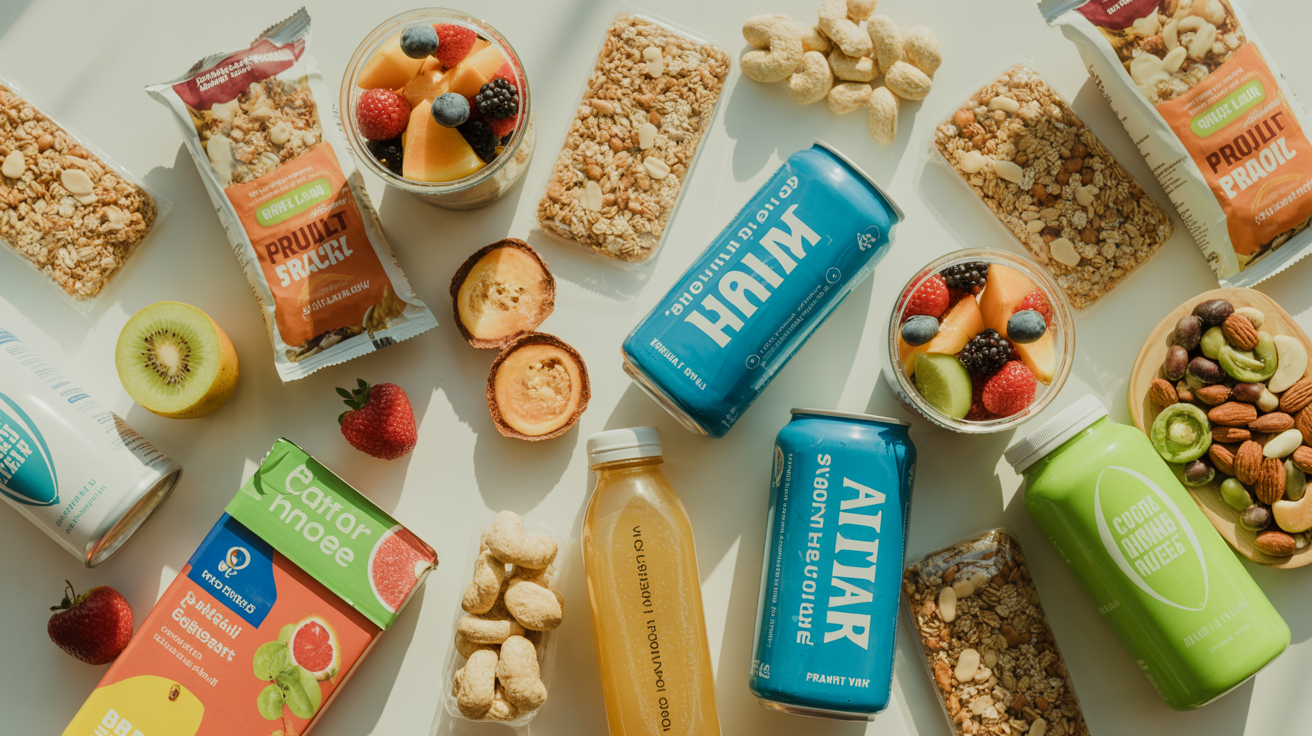 Assortment of fresh healthy snacks including granola bars, fruit cups, protein bars, and beverages