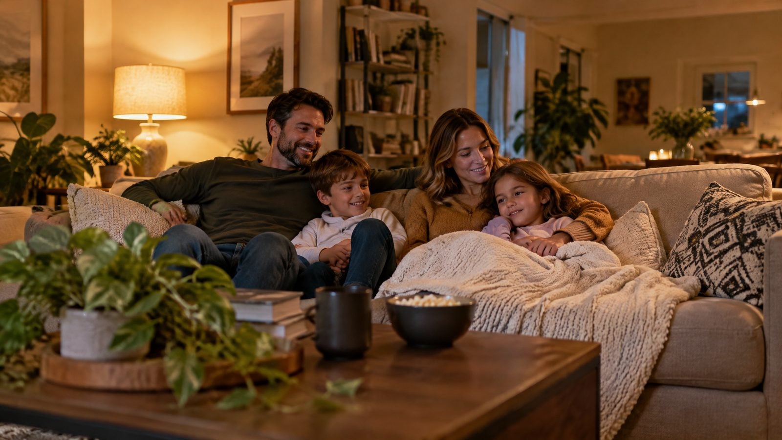 Family relaxing in a cozy, fully unpacked living room — Illinois