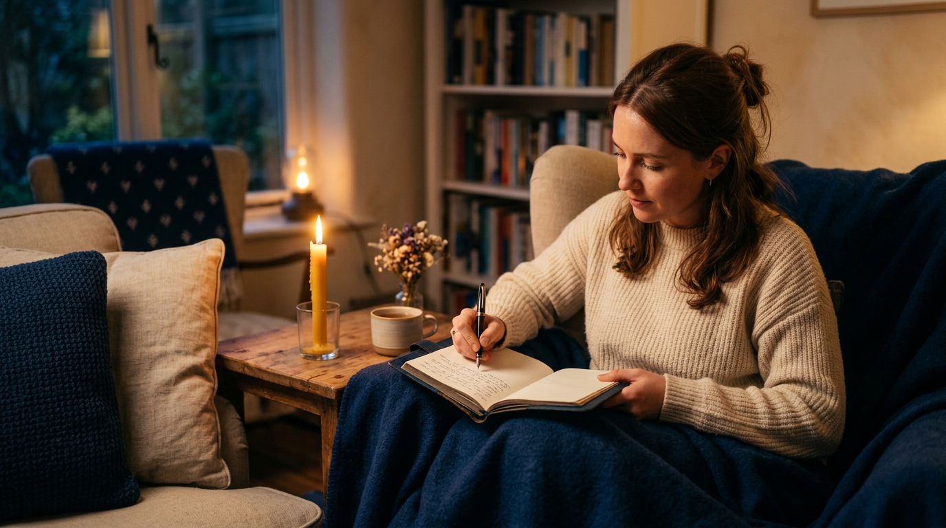 Pessoa escrevendo em diário de gratidão com vela acesa em ambiente acolhedor