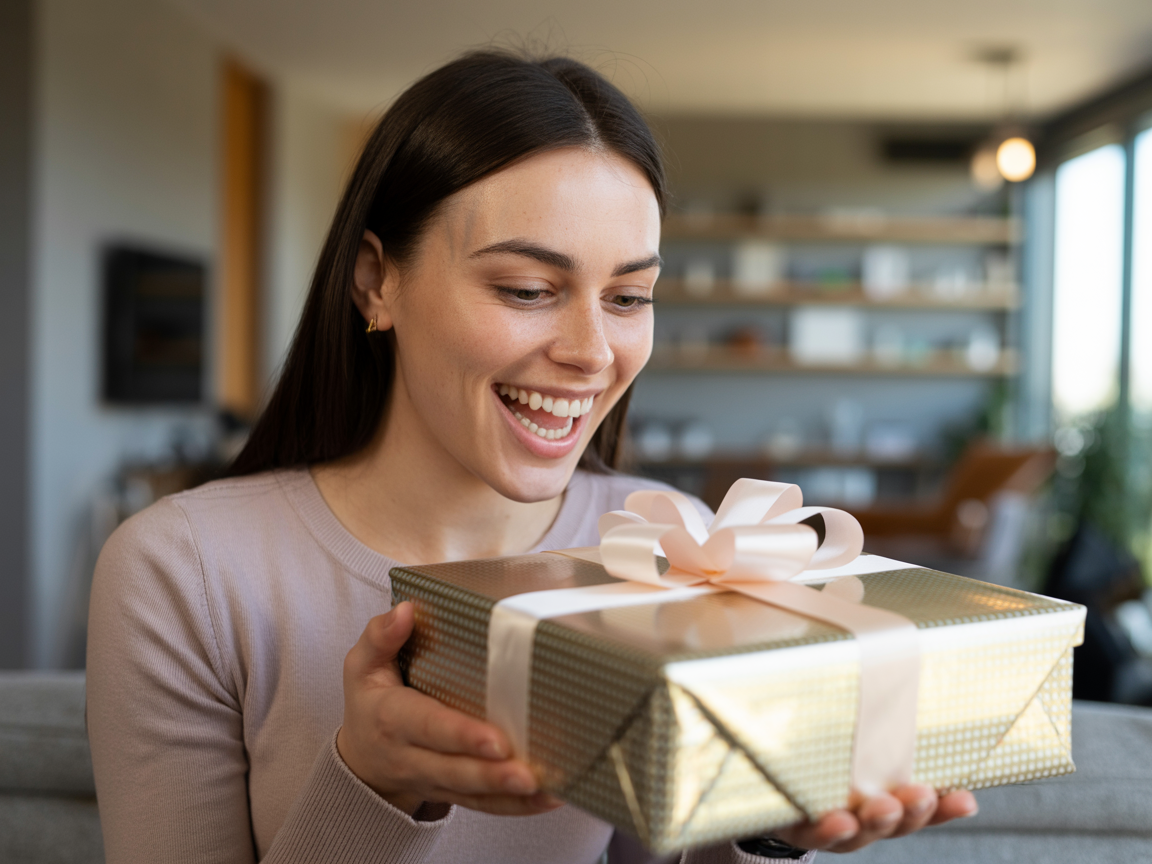 Mulher feliz recebendo presente - Gleefo