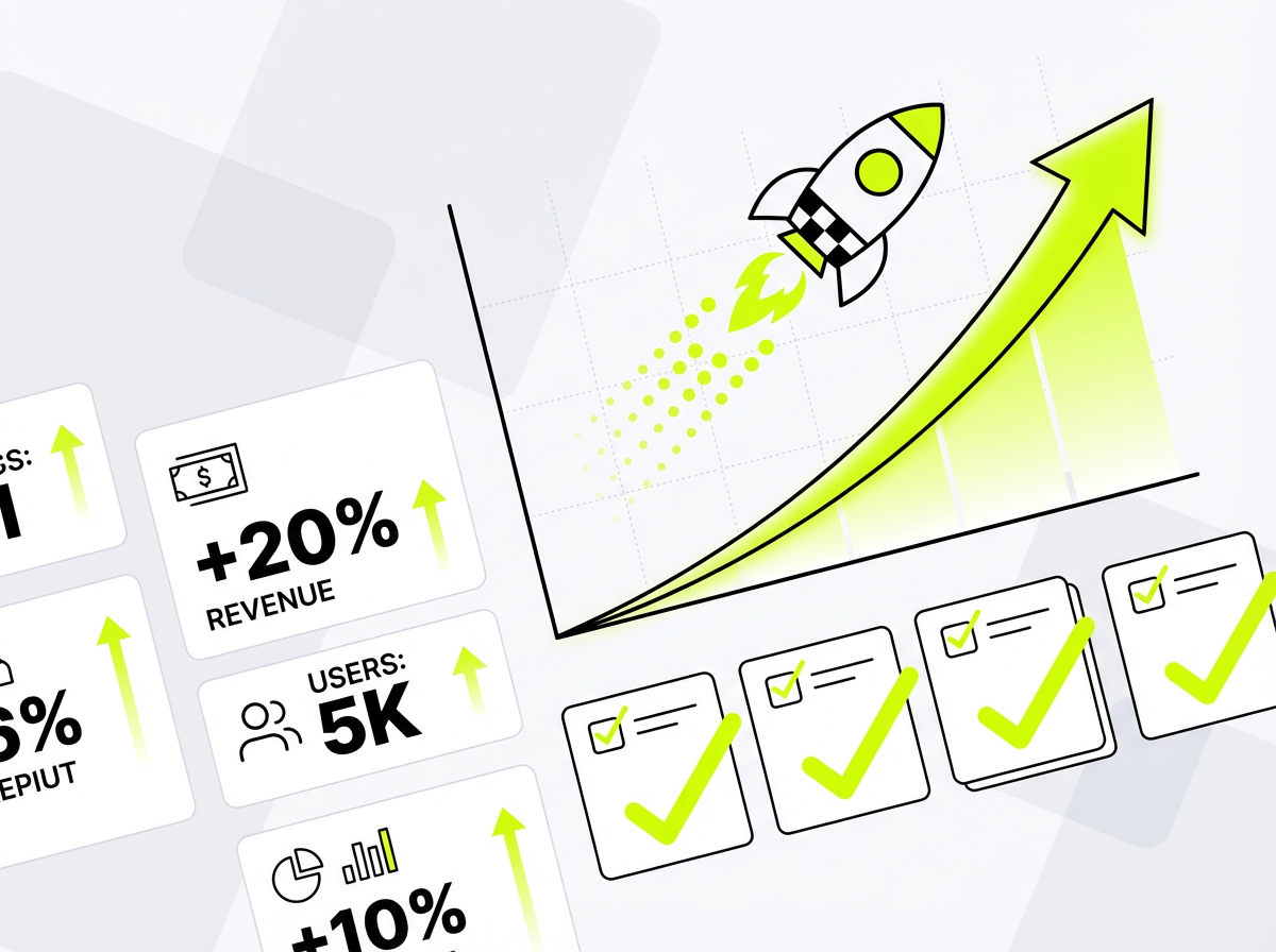 Business growth visualization with upward trending chart, completed tasks, and rocket launch