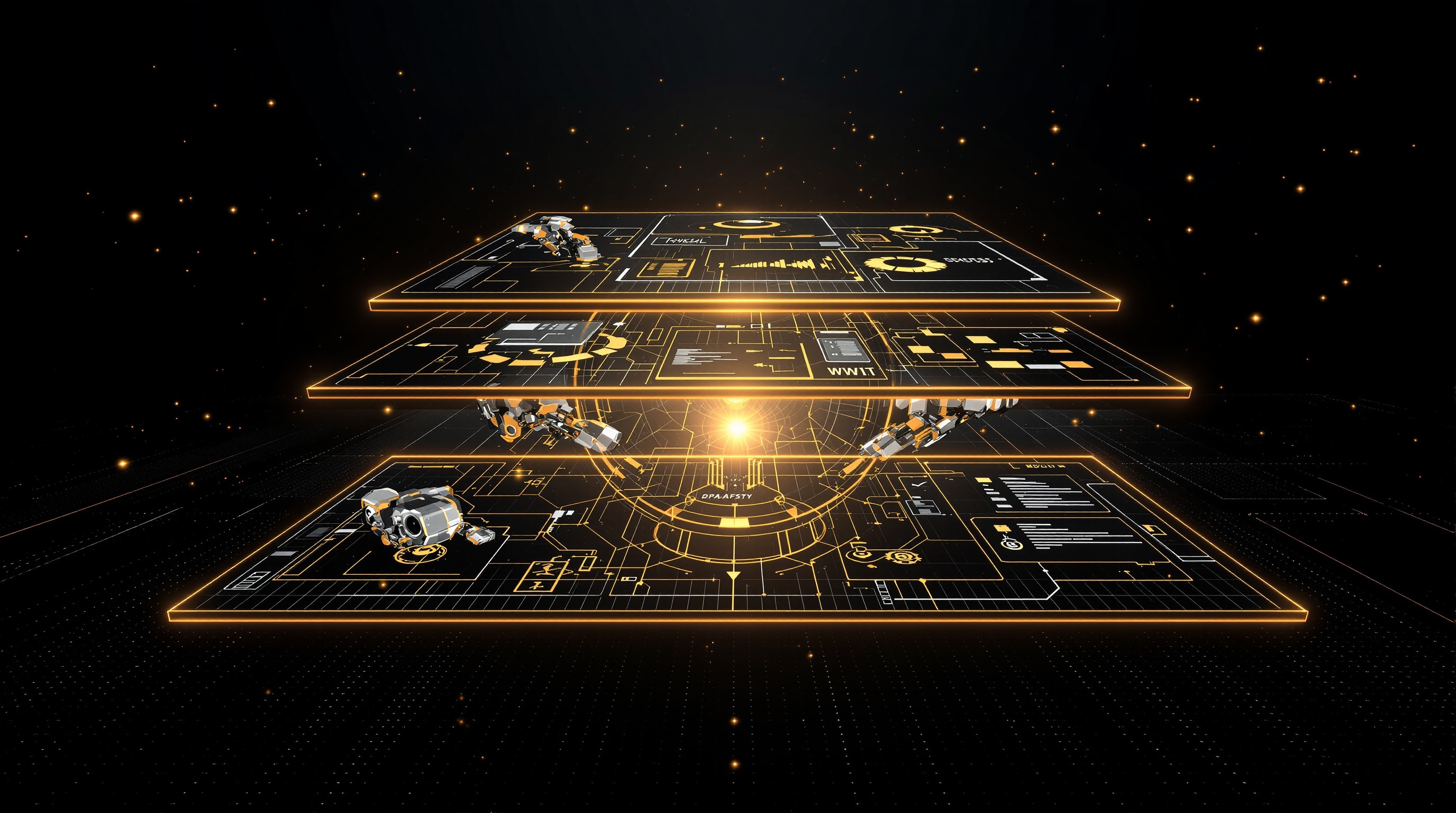 Futuristisches Command-Center mit drei holographischen Ebenen – Physical AI, Agentic Software und Plattform-Infrastruktur – die in einem goldenen Knotenpunkt konvergieren