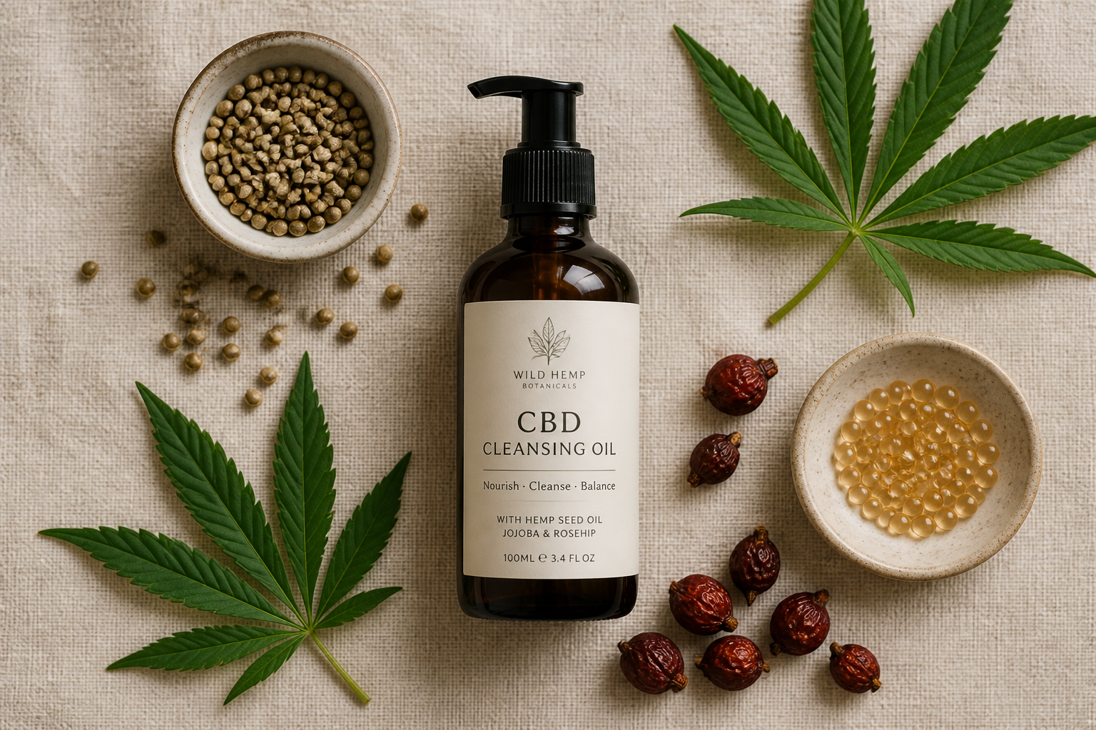 CBD cleansing oil flat lay with hemp seeds, jojoba beads, and rosehip berries on linen