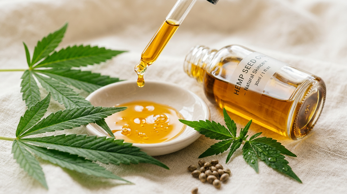 CBD hemp seed oil and SPF skincare ingredients close-up