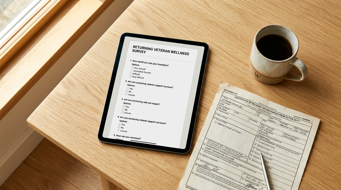 A tablet showing a benefits questionnaire beside a DD-214 discharge document