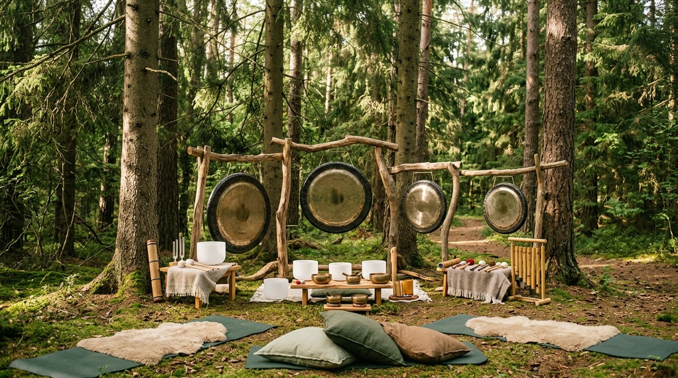 Sound healing gongs set up among spruce trees in a forest clearing