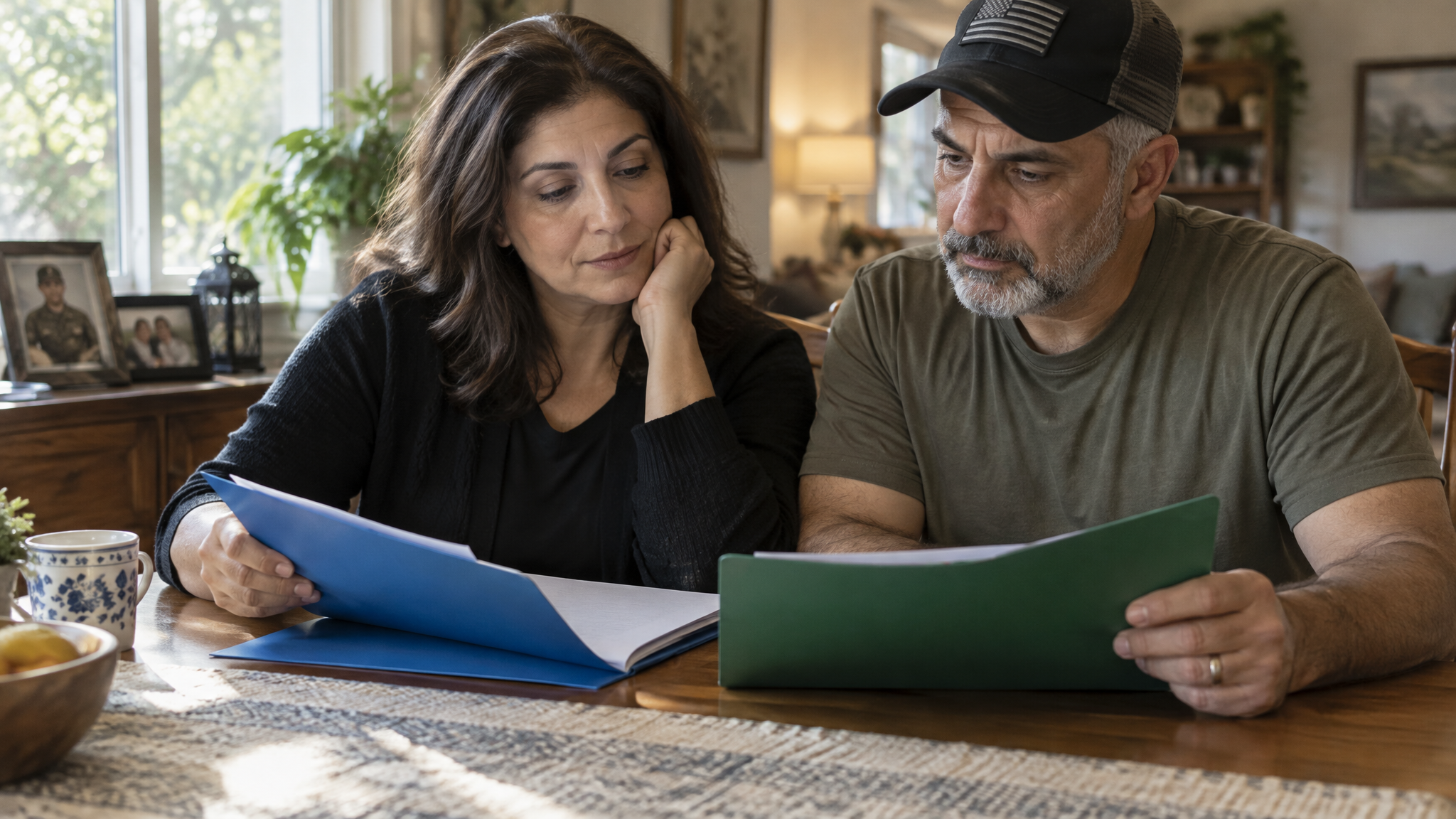 A caregiver and her veteran husband comparing two folders at the dining table