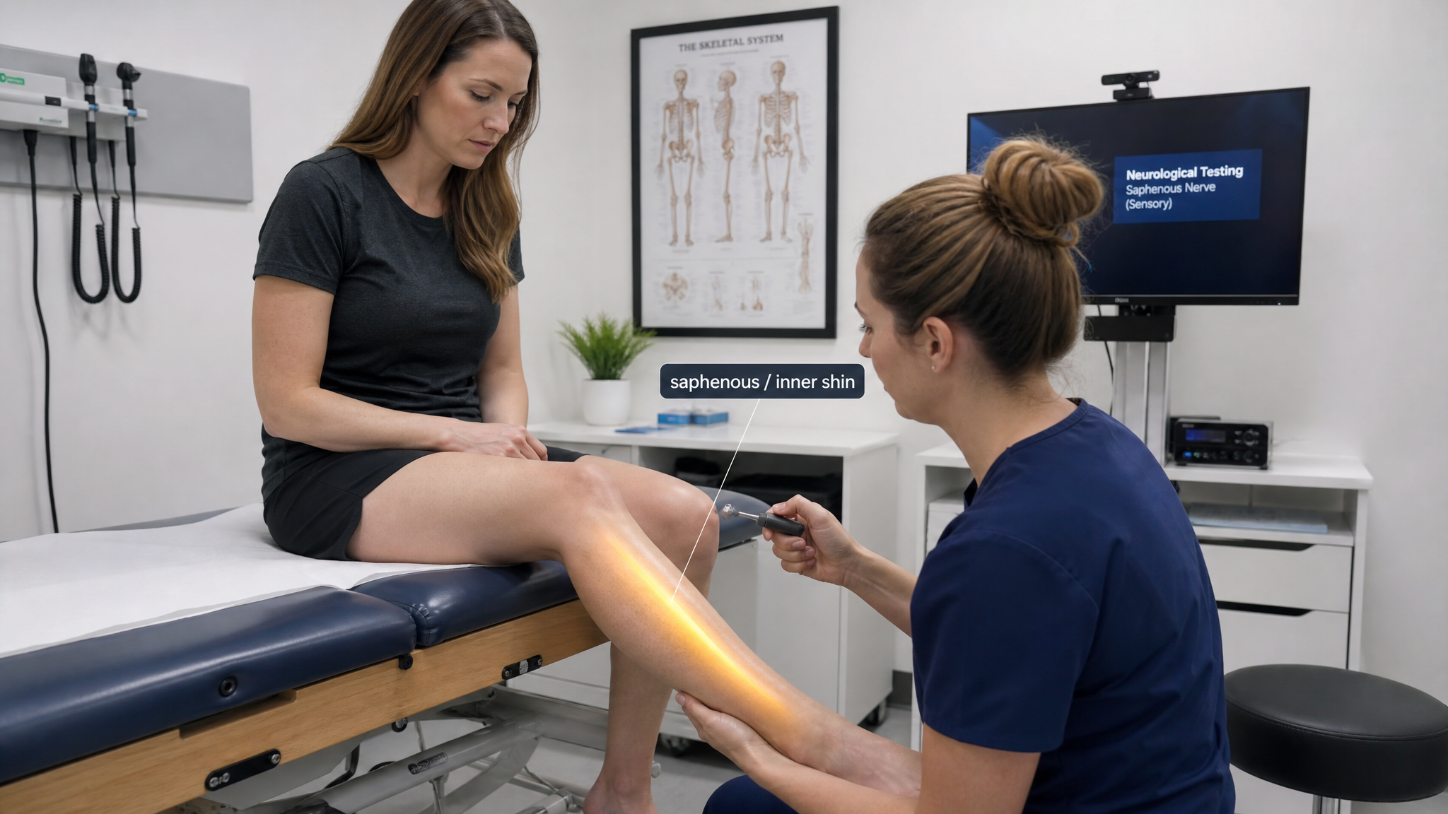 White woman veteran in her 30s with leg extended while a clinician tests numbness along the inner shin and inner ankle, warm amber glow down the inner lower leg with a saphenous inner shin label