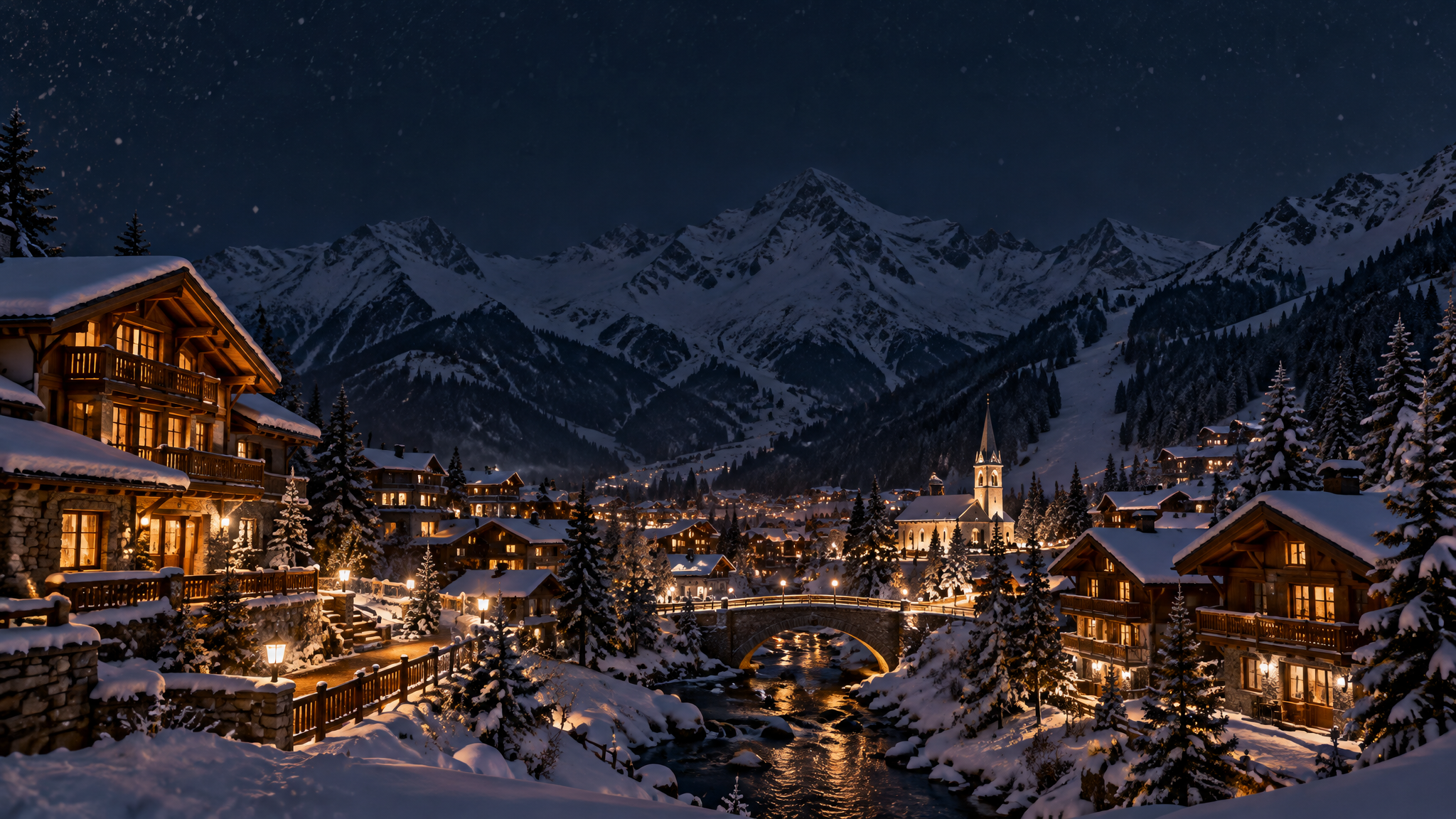 Warmly lit alpine village surrounded by snowy mountain peaks at twilight