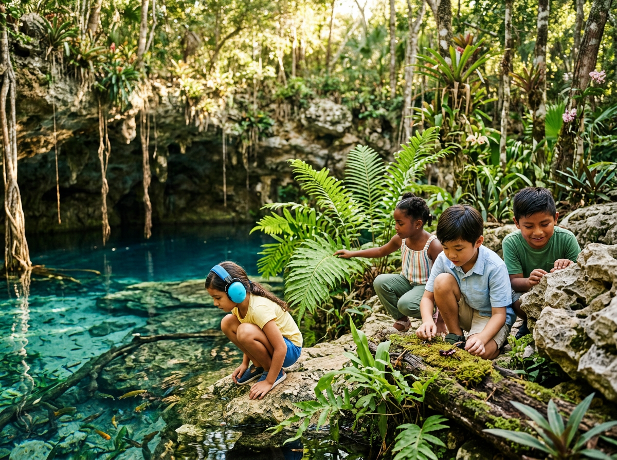 Niños explorando un cenote mexicano de manera inclusiva, uno con audífonos de cancelación de ruido