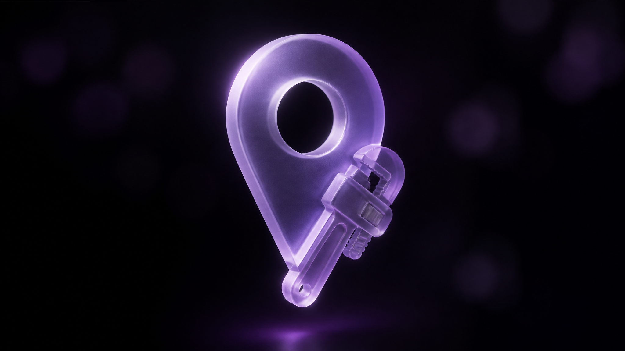 A glowing violet frosted-glass map pin fused with a plumbing wrench, floating in the dark