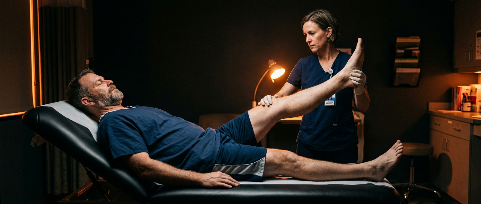 A C&P medical examiner performing a straight-leg-raise test on a male veteran lying on an exam table, lifting the extended leg to reproduce sciatic nerve pain, in a dimly lit clinical room