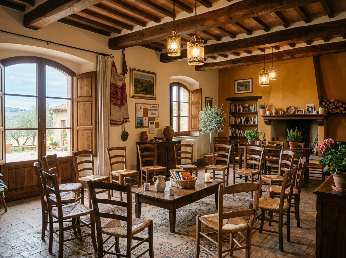 Interno accogliente della cascina comunitaria