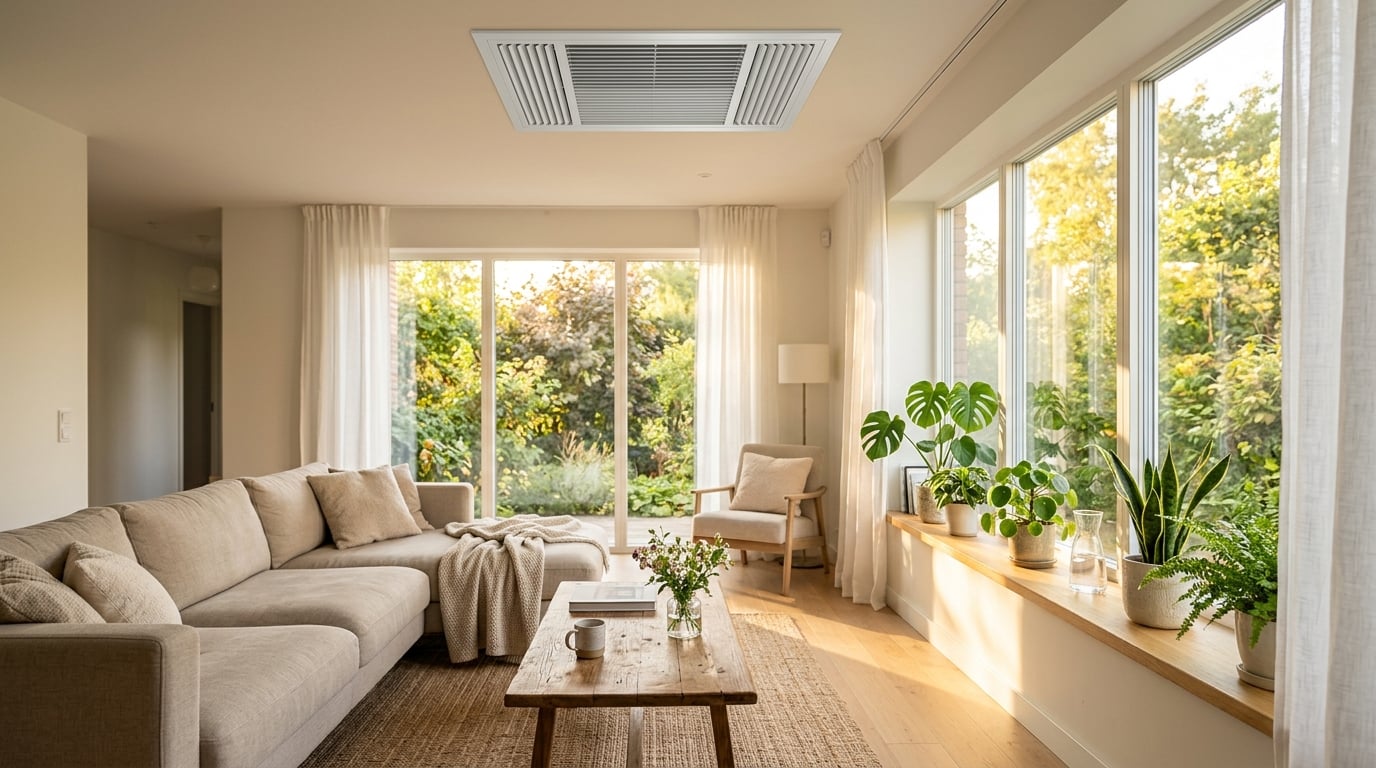 A bright, comfortable living room with sunlight streaming through windows and a clean ceiling air vent