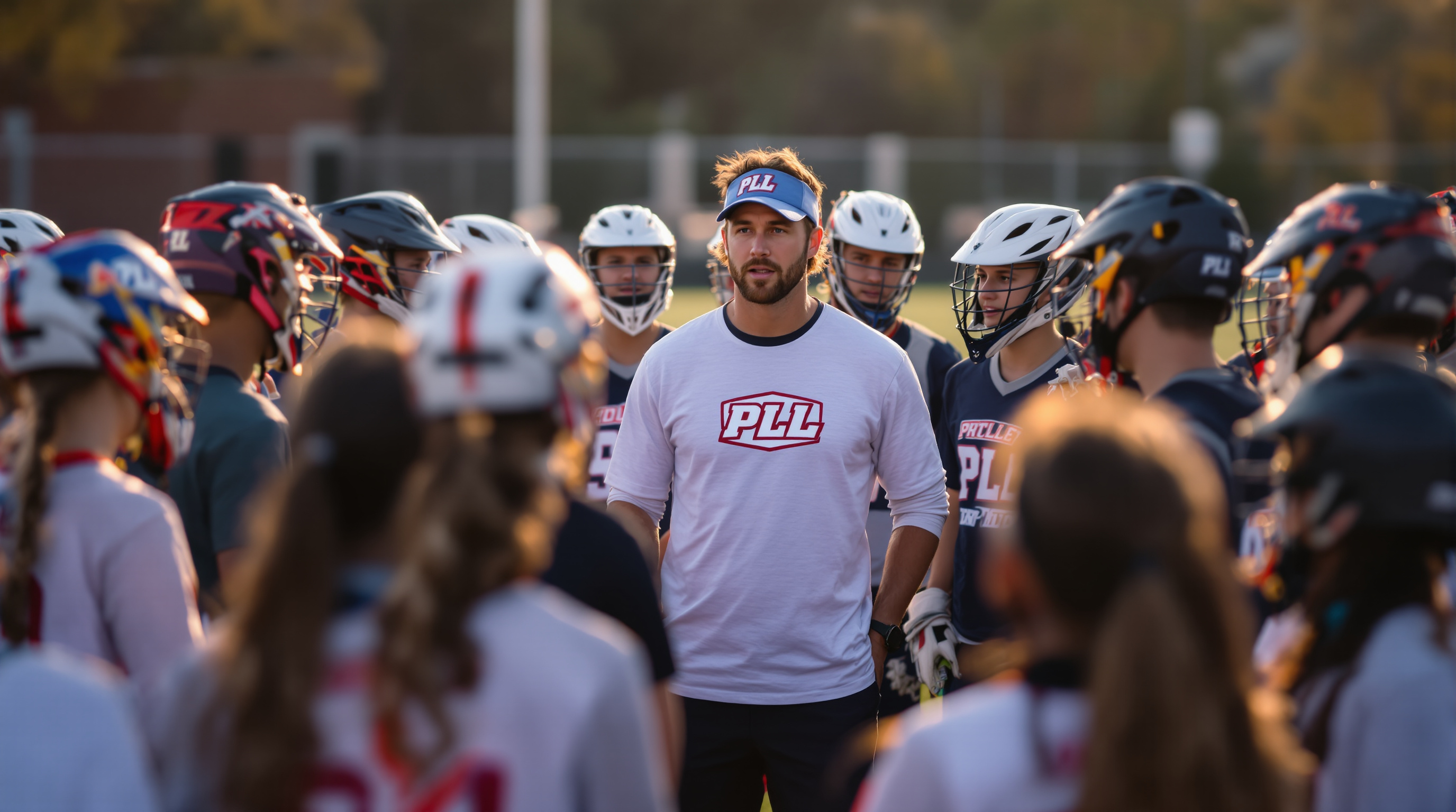 Youth lacrosse team huddle with coach