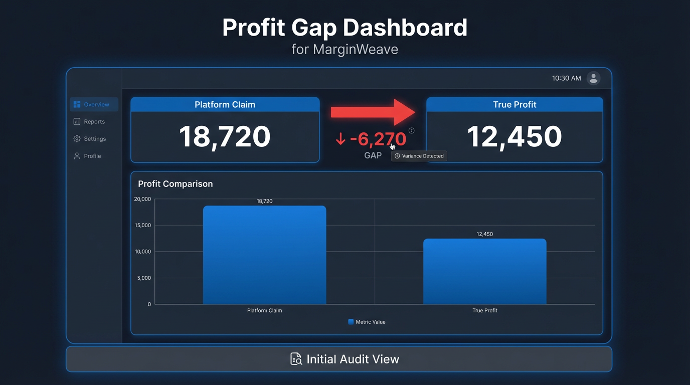 MarginWeave Profit Gap dashboard showing Platform Claim versus True Profit with gap indicator