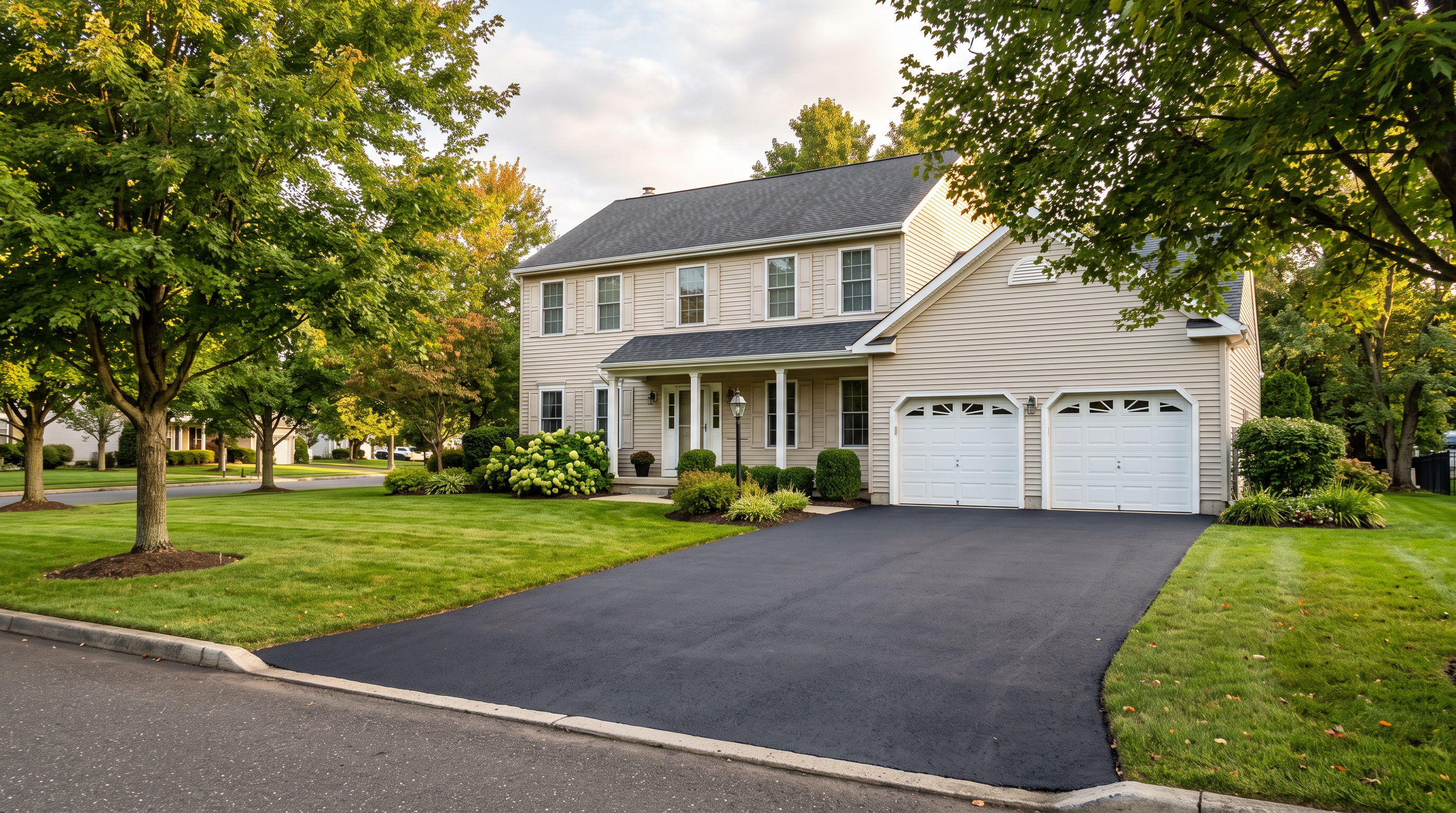 Freshly paved asphalt driveway at NJ colonial home