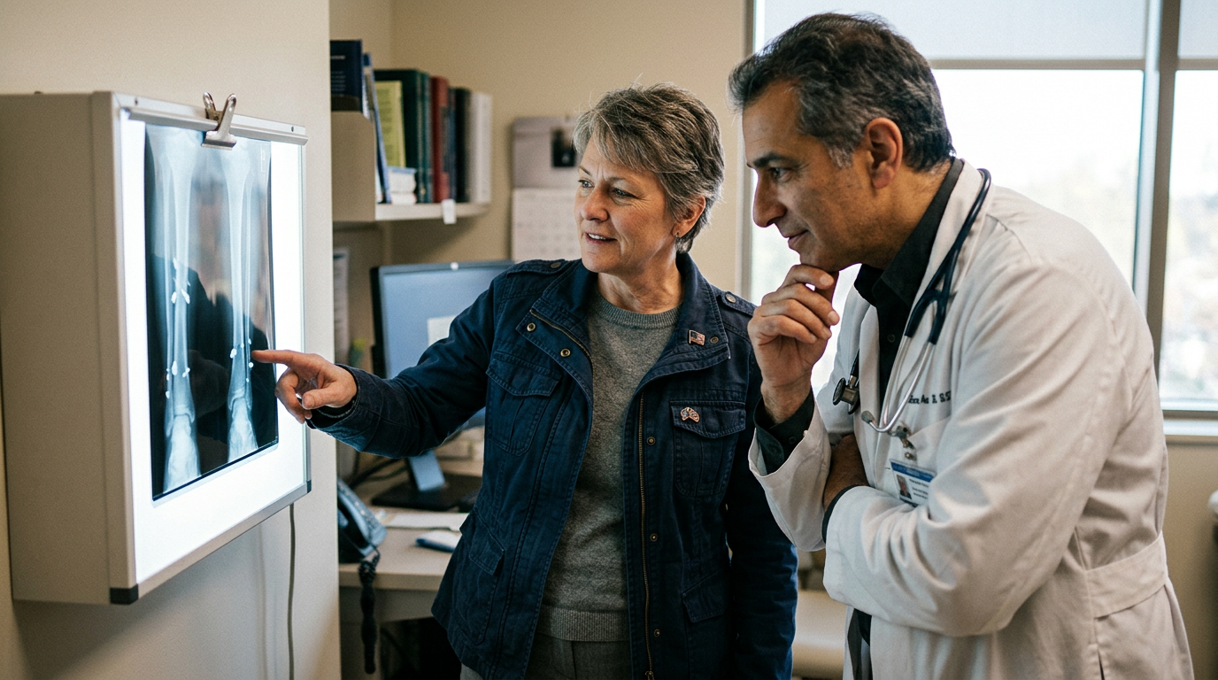A veteran and her doctor reviewing an X-ray showing small metal fragments in the leg
