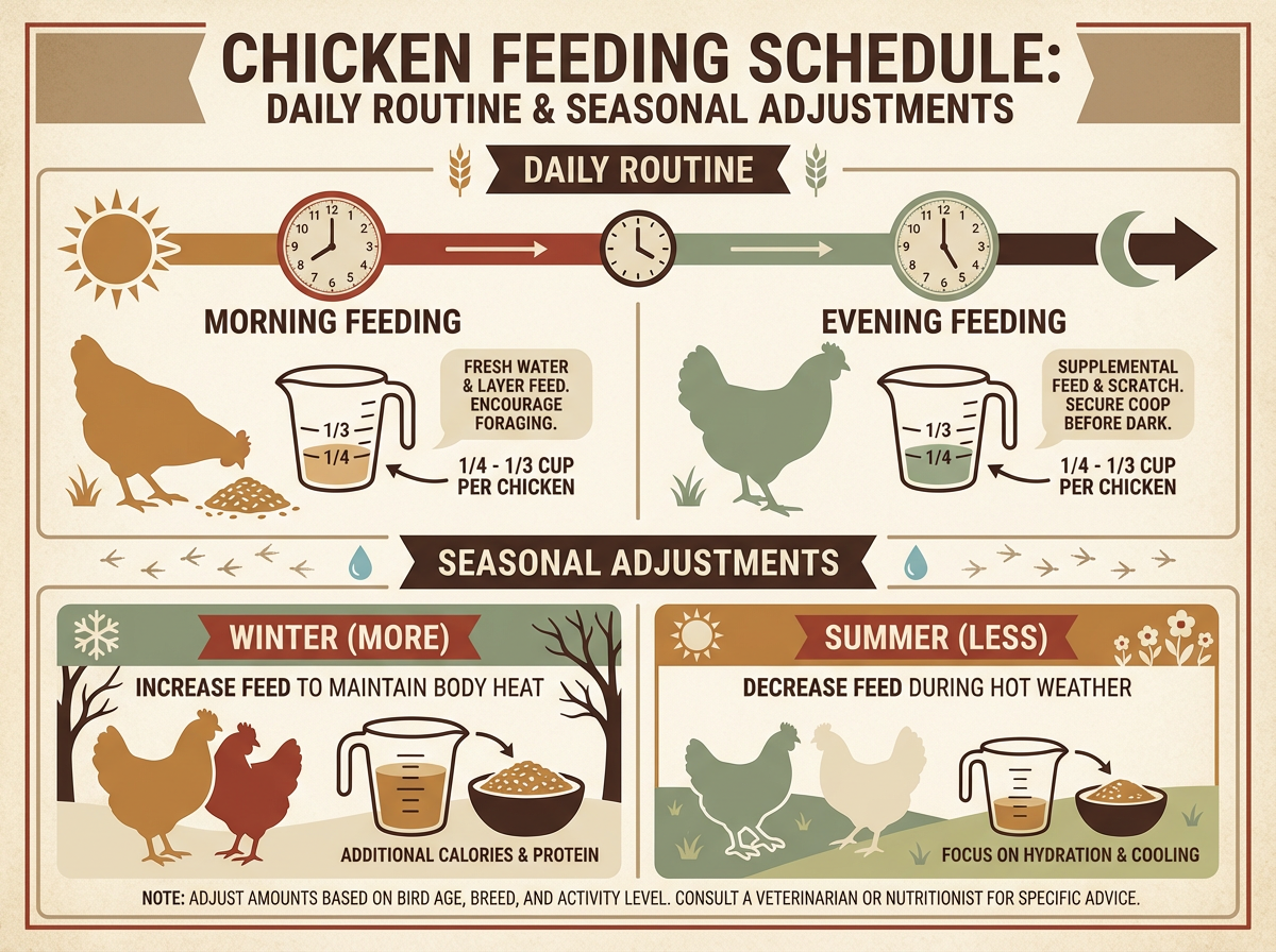 Visual feeding schedule infographic for chickens showing morning and evening feeding times with amounts per bird