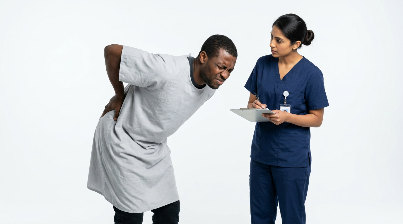 Patient wincing and reaching for the mid-back during forward bending while a clinician records the degree pain begins