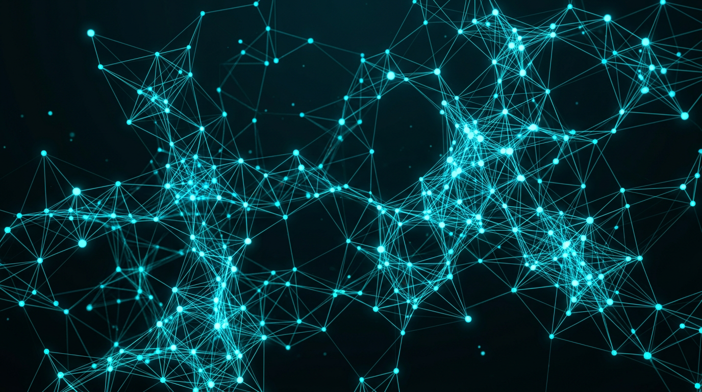 Glowing cyan network graph of connected nodes representing fraud analytics