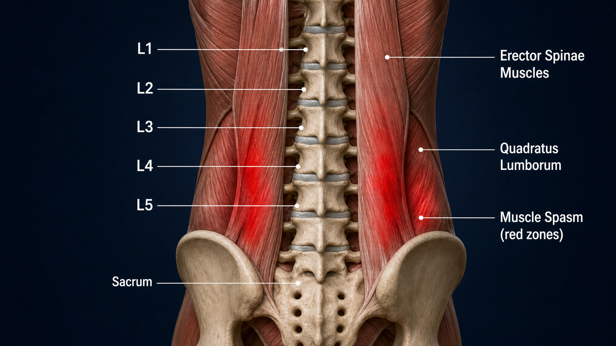 Posterior anatomical illustration of the lumbar spine L1 through L5 and the sacrum with the erector spinae and quadratus lumborum muscles shown in spasm