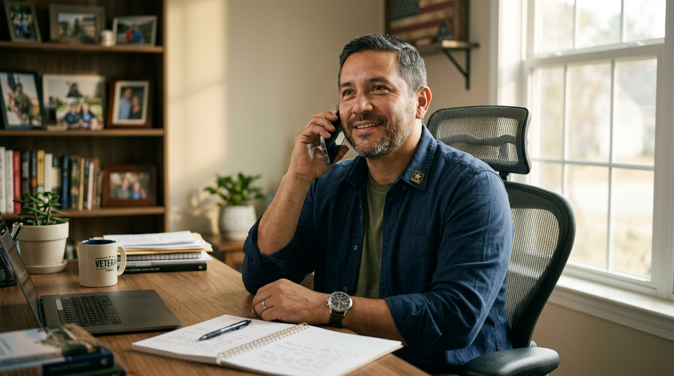 A veteran on a calm, confident phone call with a VA-accredited claims agent
