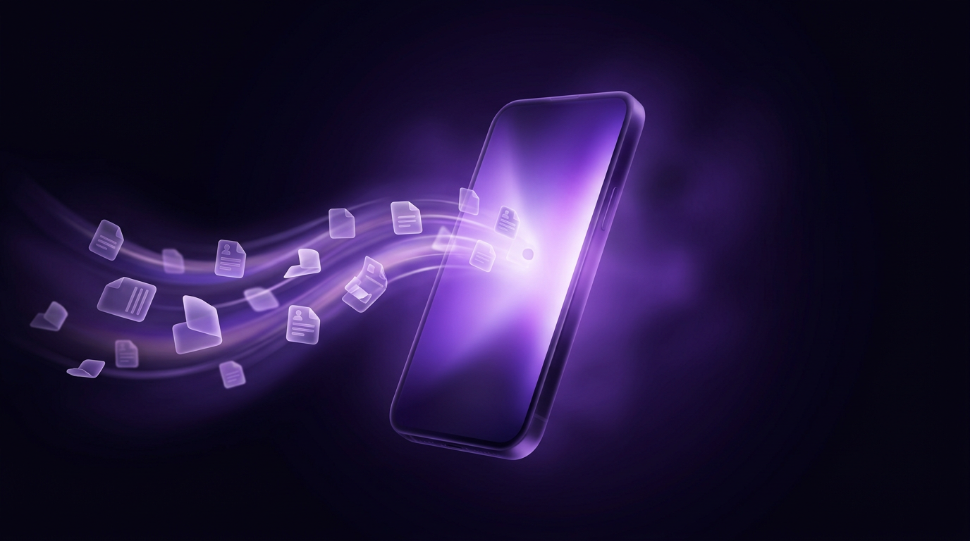 A smartphone rendered abstractly in frosted violet glass with light radiating from its screen and small abstract CV and application document shapes flowing into it, representing job seekers applying via mobile