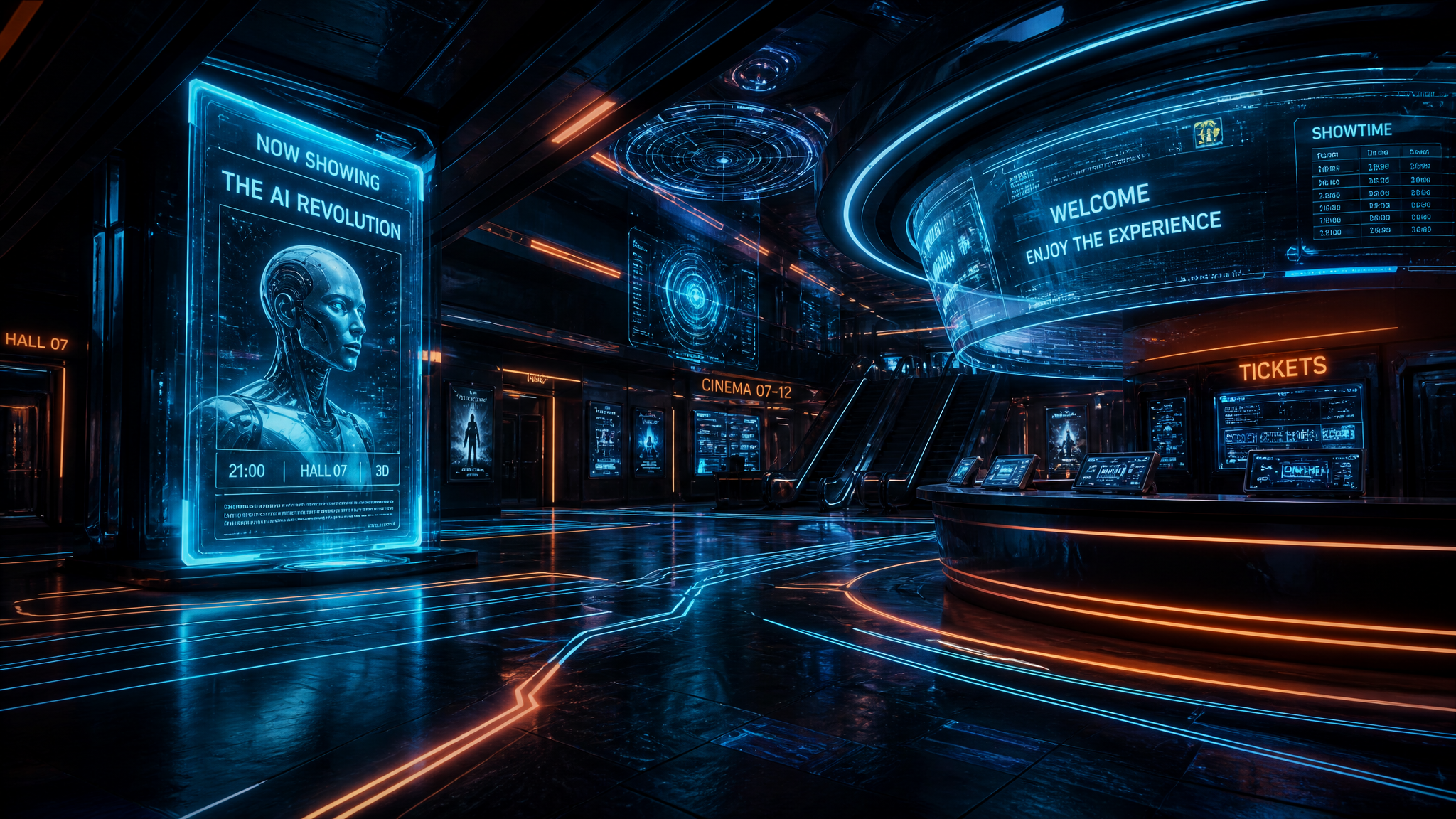 Futuristic AI cinema with holographic displays and neon lighting