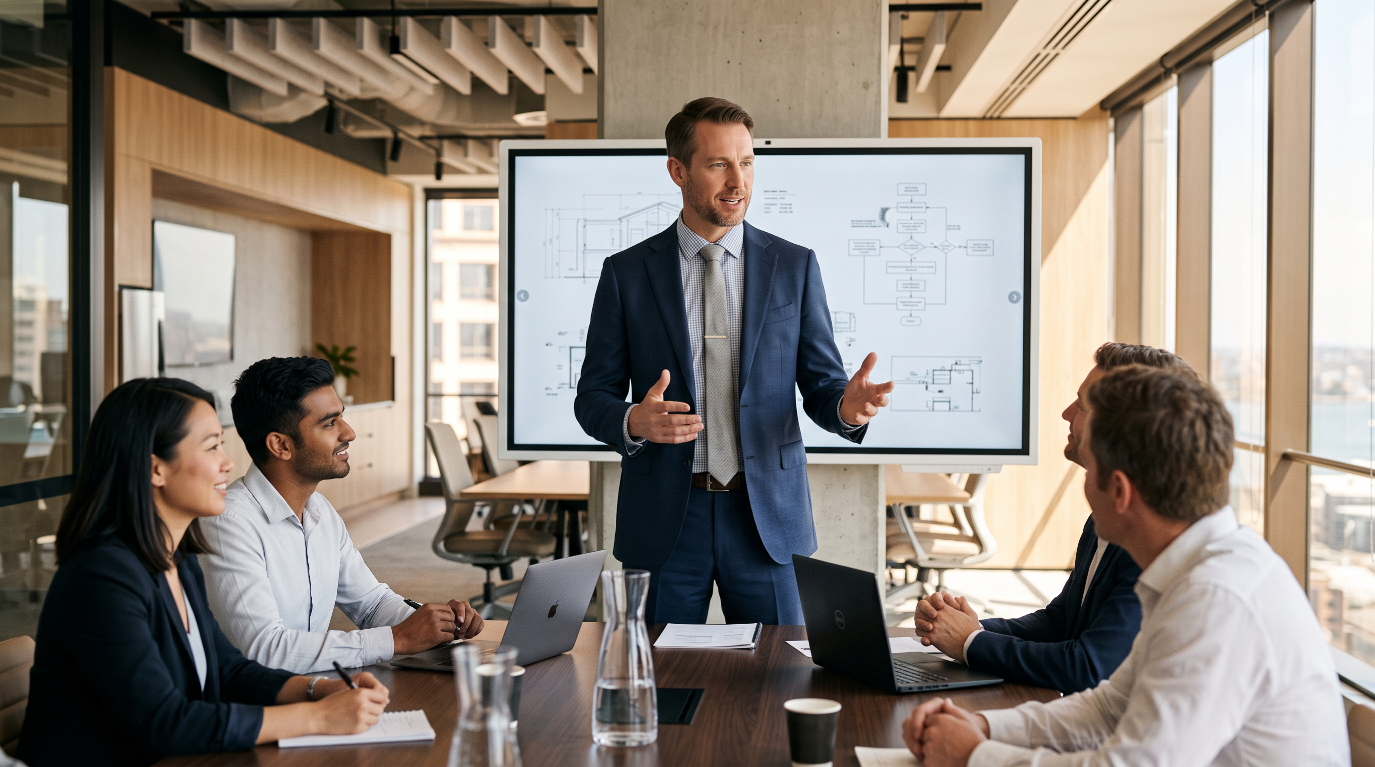 A German-background professional man leading a discussion at a modern Australian corporate office