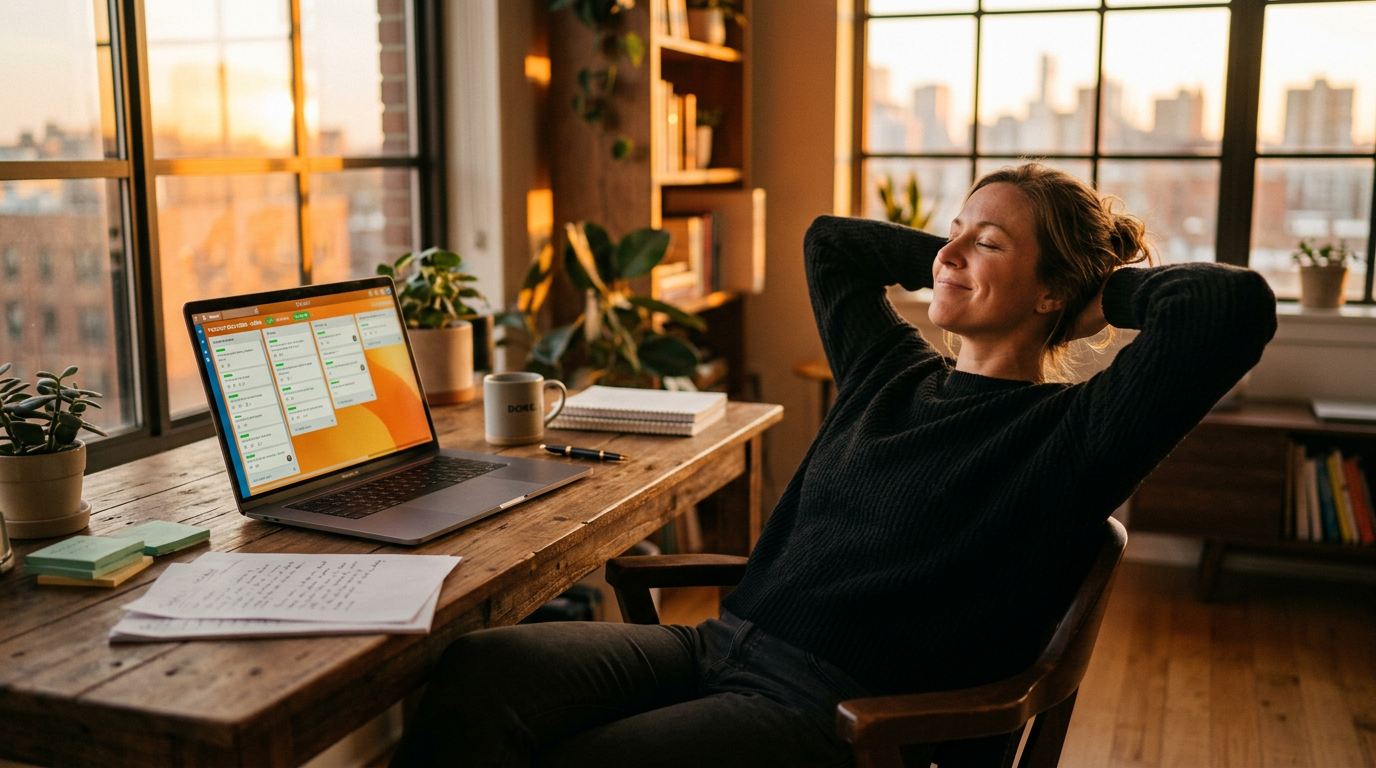 Pessoa reclinada na cadeira com expressão satisfeita, laptop com trabalho concluído, luz dourada de pôr do sol