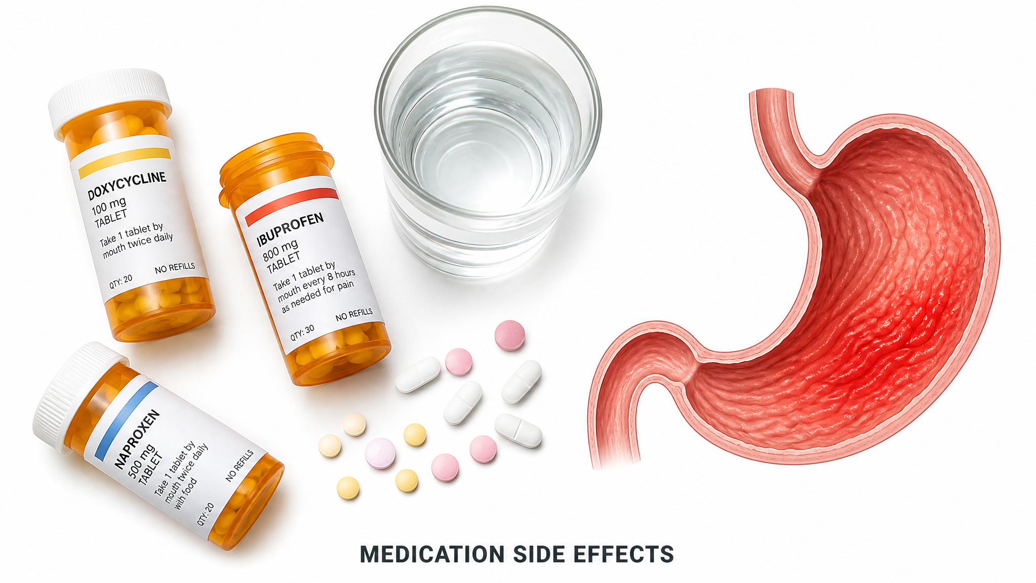 Clinical teaching photograph of prescription bottles, loose pills and a glass of water beside a cutaway diagram of an inflamed stomach lining