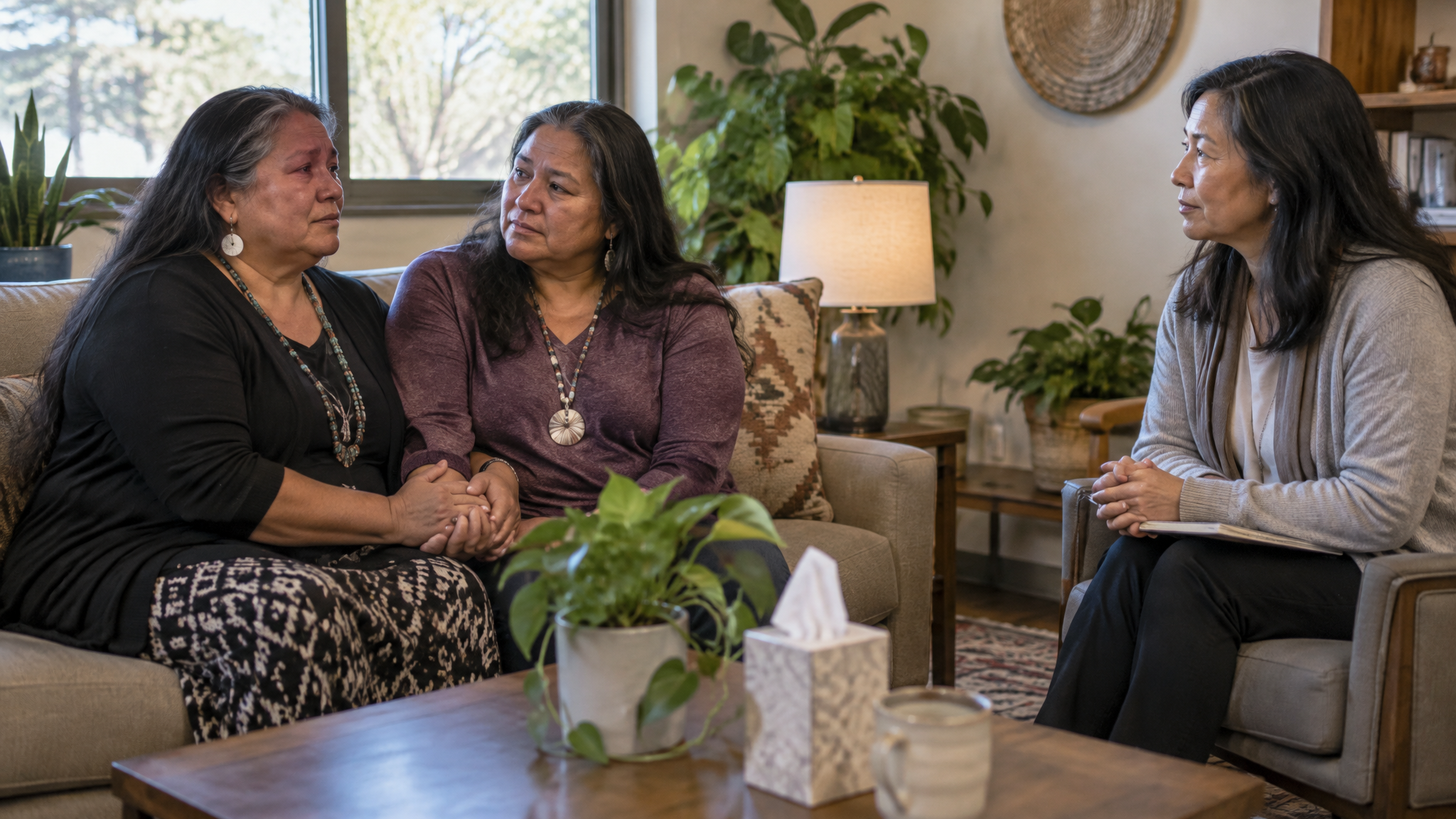 A woman veteran and her sister holding hands on a couch during a counseling session with a woman counselor