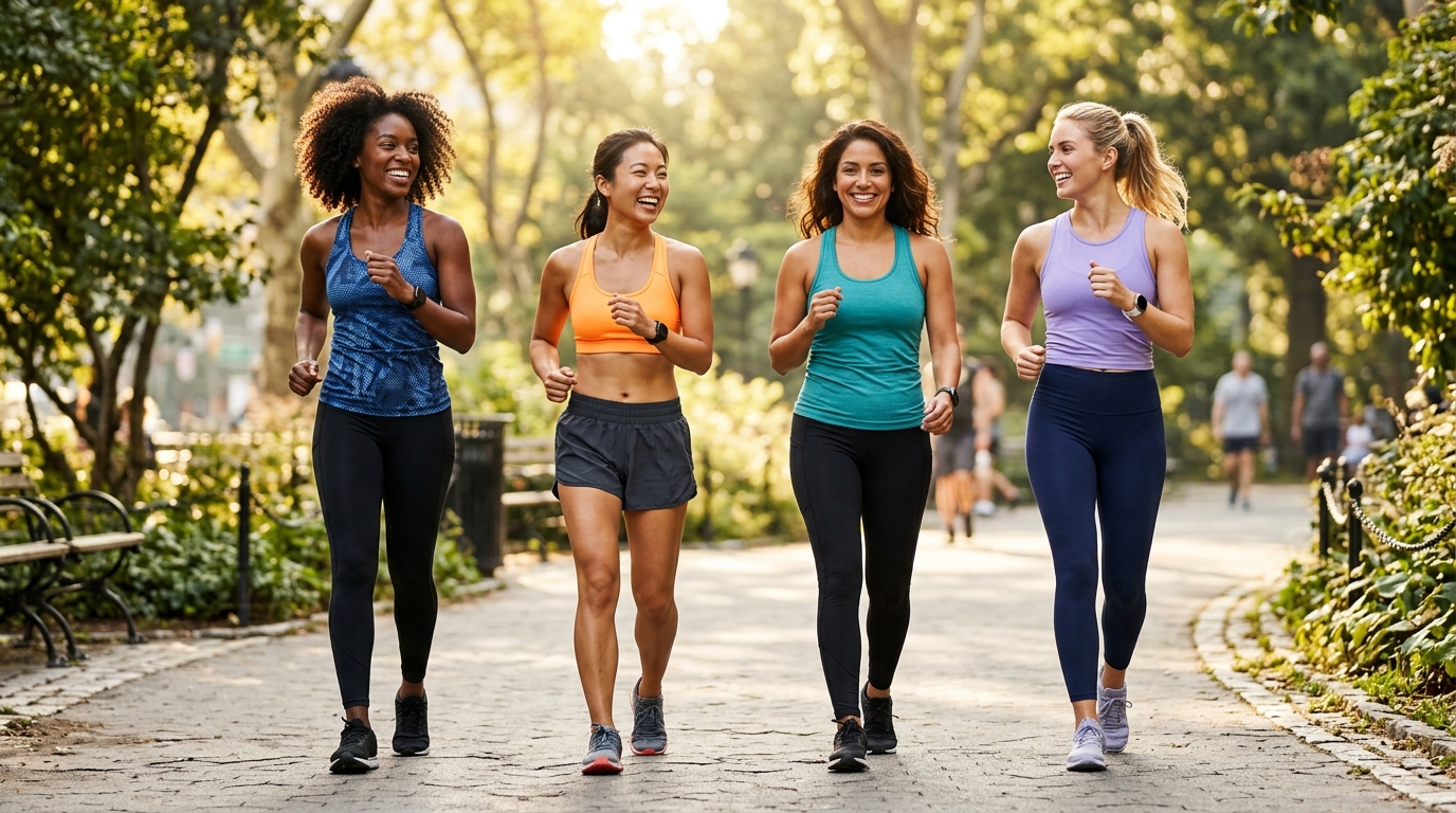 Four diverse women power-walking together outdoors