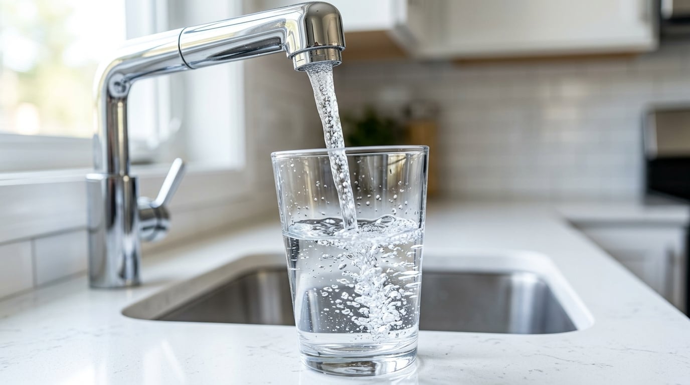 Crystal clear filtered water being poured into a glass