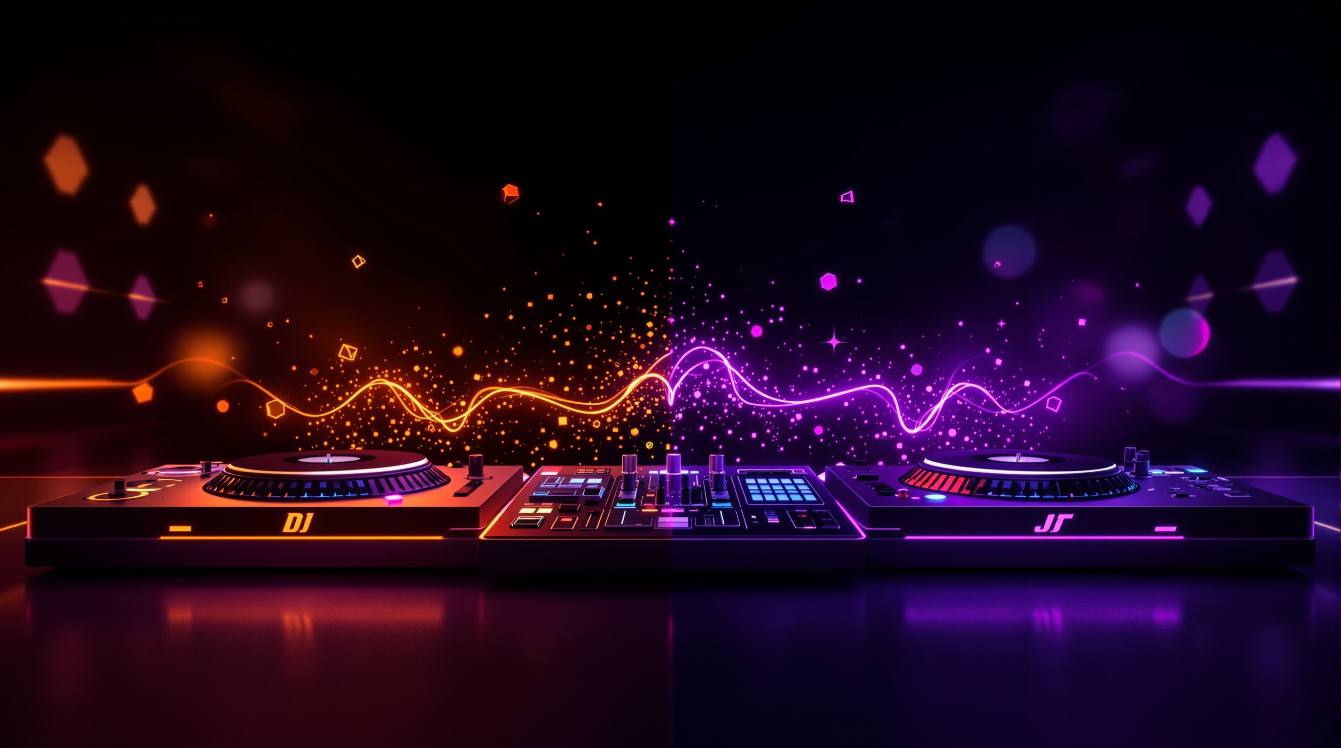 Ilustración editorial de setup DJ en transición de equipo antiguo a moderno con gradiente naranja-púrpura