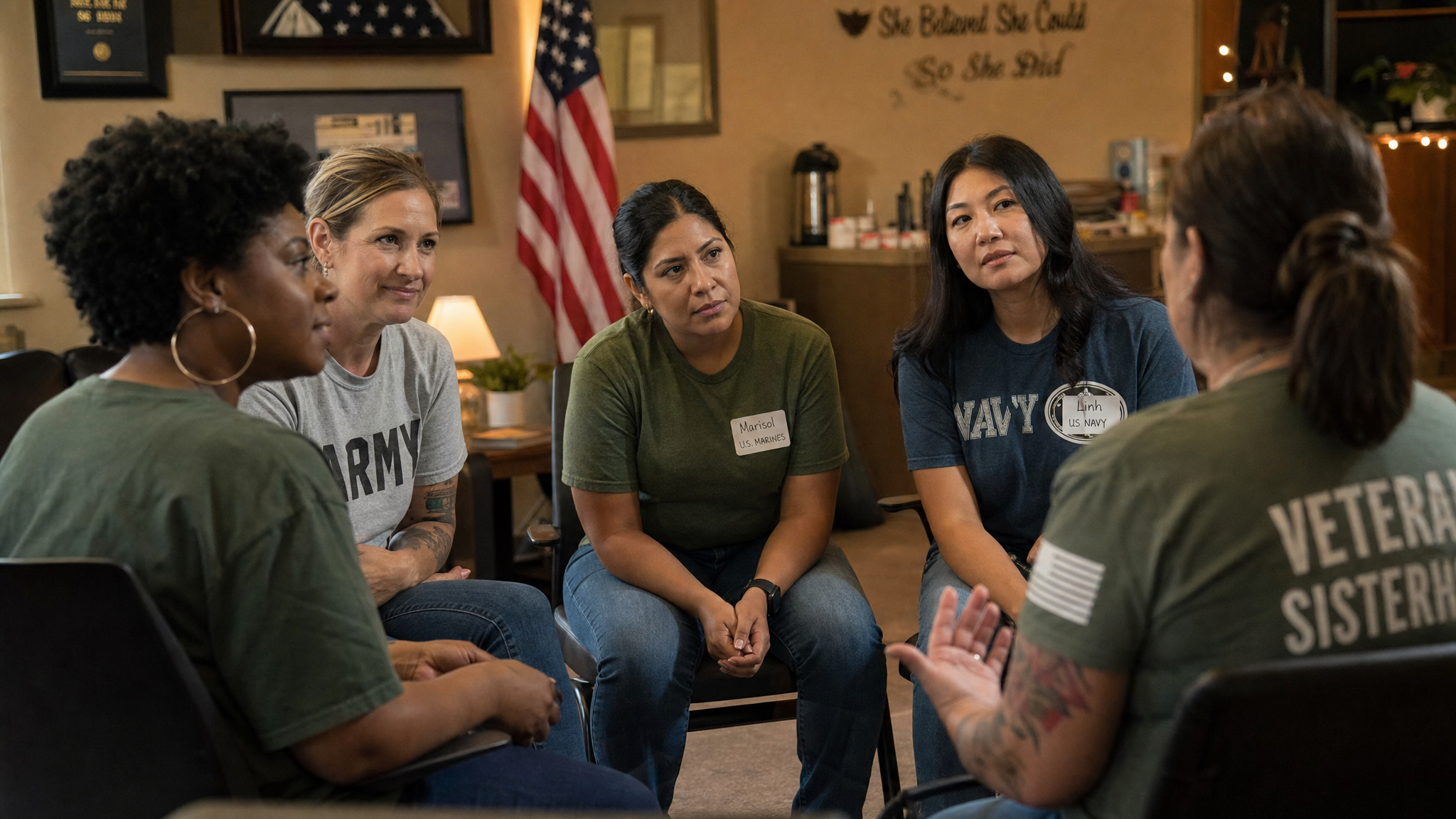 Diverse women veterans in a supportive group therapy circle