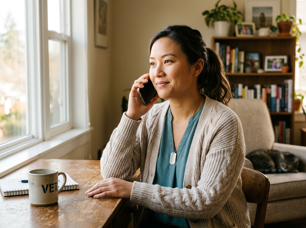 A VA-accredited claims agent talking with a veteran about their case